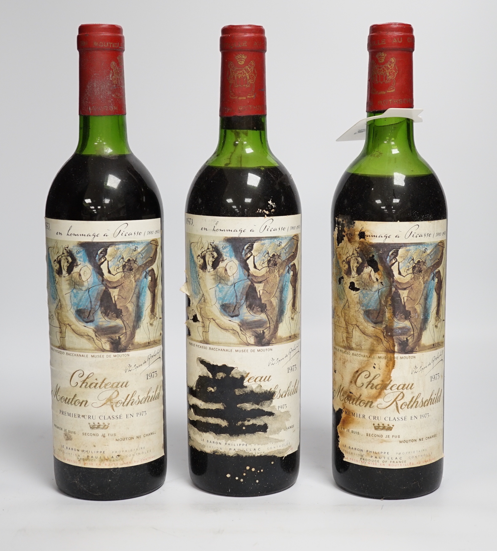 Three bottles of Chateau Mouton Rothschild, premiere cru classe 1973